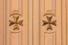 Malta, Birgu. Collegiate Parish Church of Saint Lawrence. Exterior. Door detail with Maltese Cross. Art Print